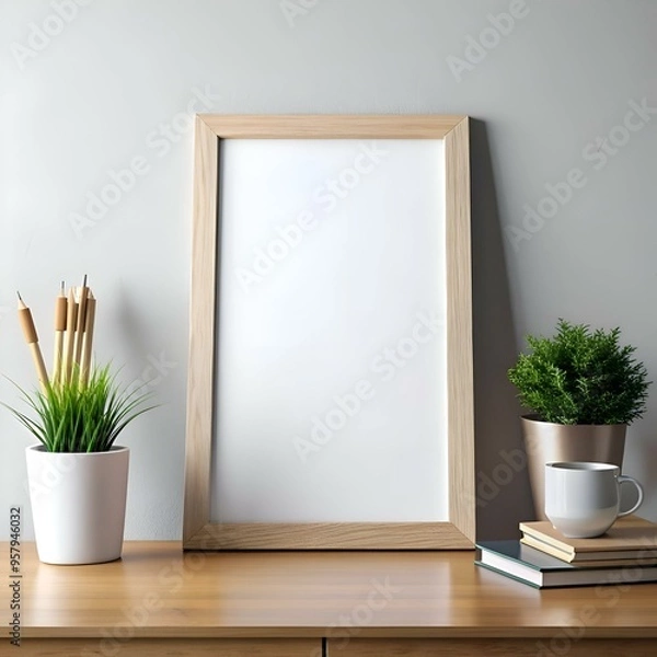 Fototapeta A clean and simple mockup featuring a blank framed picture. a potted plant. and a coffee mug on a wooden desk.