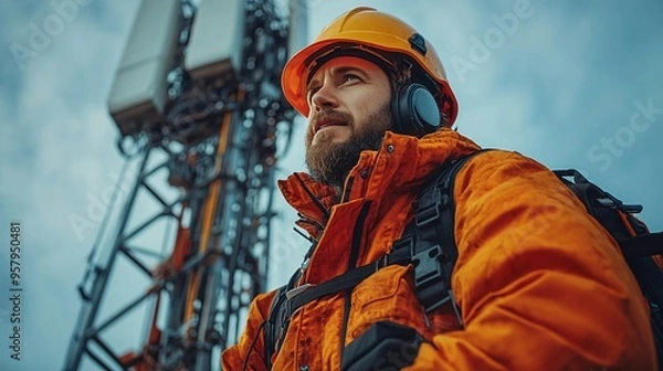 Fototapeta Telecommunication engineer is standing near a cellular tower mast and looking away