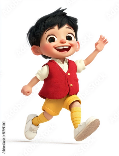 Fototapeta A cute young boy in a red vest, yellow socks, and white shoes is running with his right hand raised high. He has short black hair and big eyes, smiling happily. 
