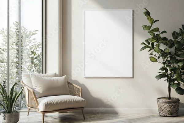 Fototapeta Poster Frame in Beige minimalist living room interior created with generative AI
