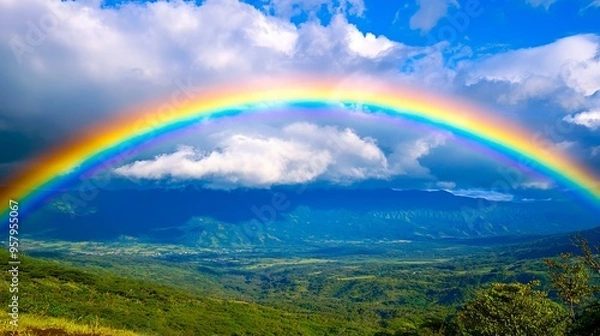 Fototapeta A rainbow in the sky over a lush green hillside