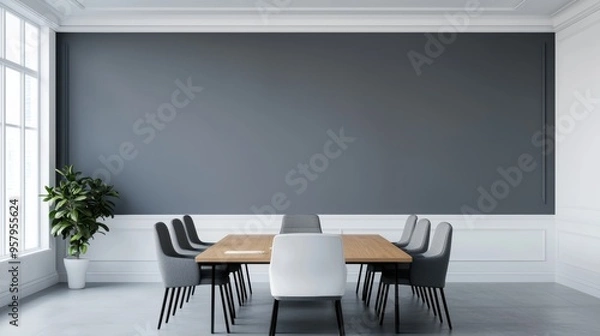 Fototapeta Futuristic Business Strategy Meeting in Virtual Boardroom with Copy Space and Selective Focus on Foreground - .