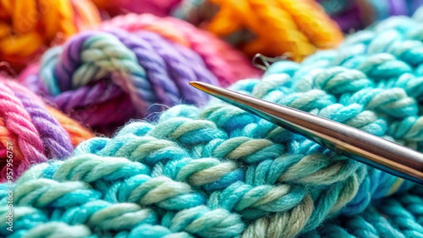 Fototapeta Close-up of colorful yarn with knitting needle, perfect for crafts and diy projects.