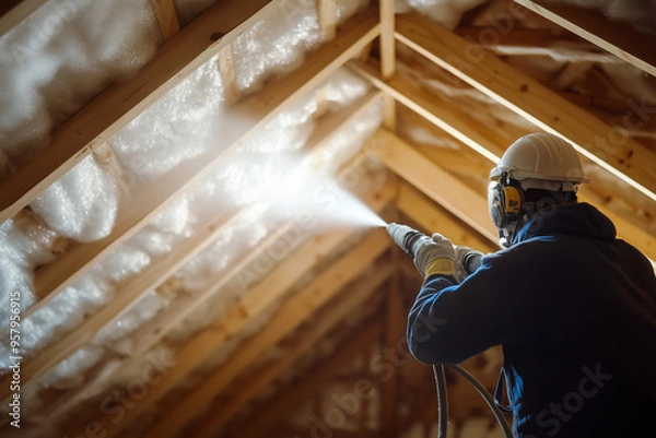 Obraz Worker spraying insulation foam in attic