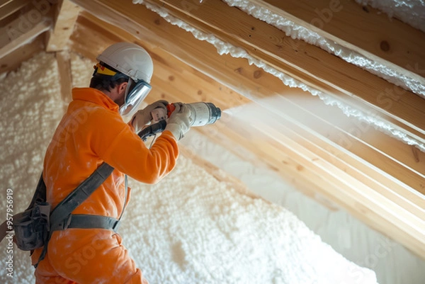 Obraz Worker insulating roof with spray foam