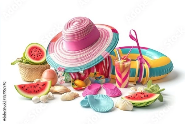 Fototapeta A realistic arrangement of various summer items on a white background,