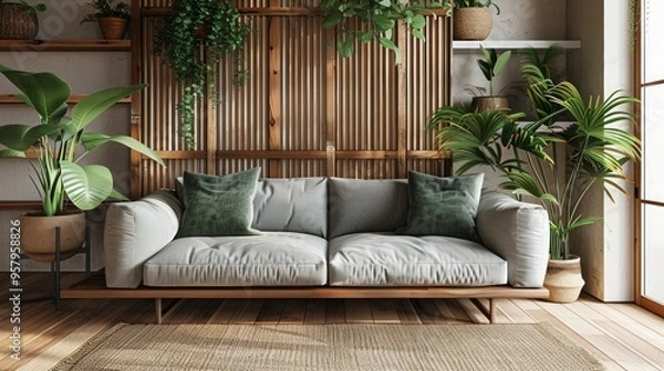 Fototapeta Minimalist Scandinavian living room interior with a grey sofa, wooden screen, and white shelves in the background, with green pillows on the coffee table.