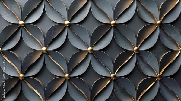 Obraz Abstract Geometric Pattern with Black and Gold Floral Motifs