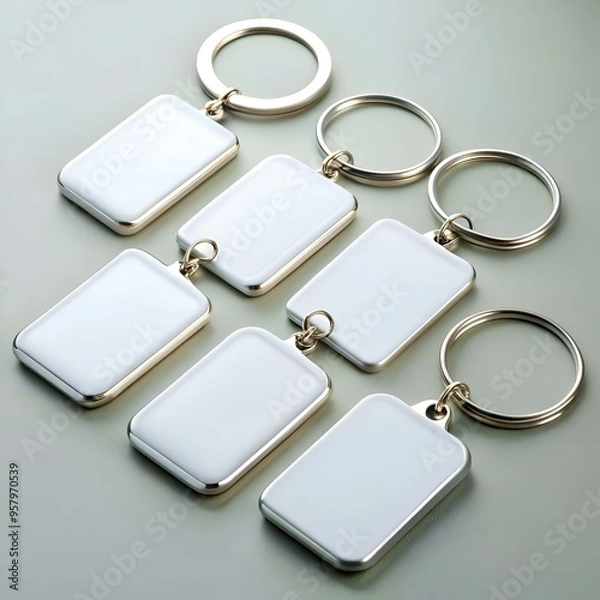 Fototapeta Five blank keychains with silver tags and gold rings. perfect for customization.
