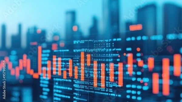 Fototapeta Futuristic AI-Driven Market Analysis in Modern Cityscape Holographic Data with Copy Space - Ultra HD Finance Technology Concept