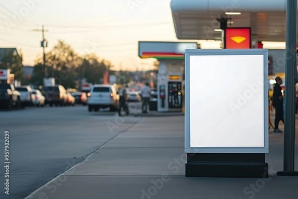 Fototapeta Blank billboard standing on a sidewalk next to a busy street with drivers at sunset