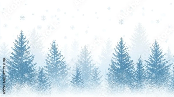 Obraz Winter scene with snowflakes falling over frosty trees against a light blue background. Perfect for seasonal or holiday designs.