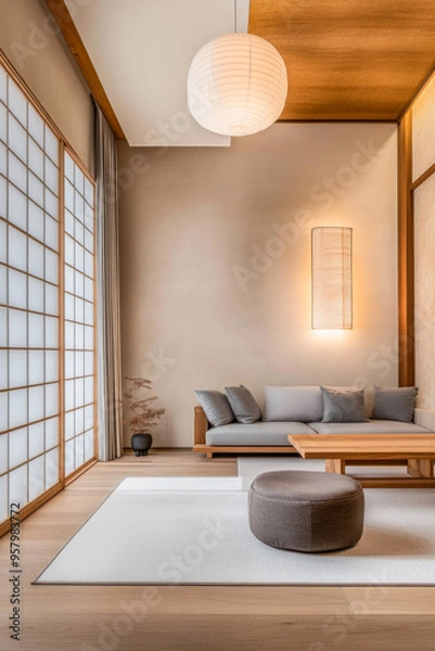 Fototapeta Minimalist living room interior design with Japanese and Scandinavian decor. Luxury interiors composition with copyspace.