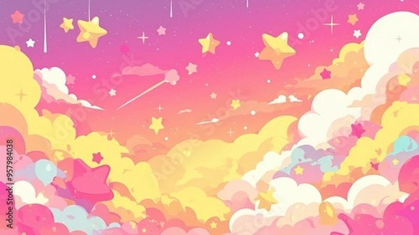 Fototapeta A dreamy sky filled with colorful clouds and twinkling stars, creating a whimsical and magical atmosphere.