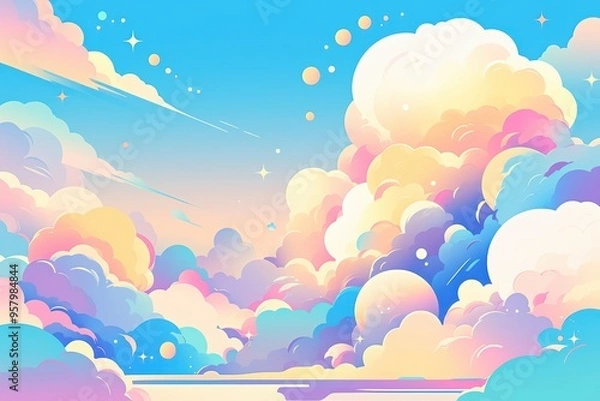 Fototapeta A vibrant illustration of colorful clouds against a blue sky, evoking a sense of calmness and creativity in a dreamy atmosphere.