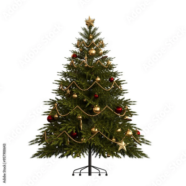 Fototapeta Christmas tree with decorations, isolate on a transparent background, 3d illustration, cg render
