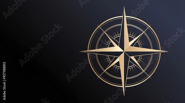 Fototapeta Elegant gold compass rose on a dark background symbolizing navigation, direction, and exploration. Perfect for travel and adventure themes.