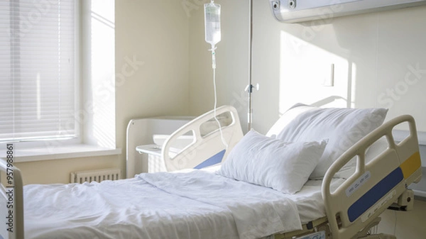 Fototapeta Empty hospital bed in a bright and clean healthcare facility room, with an IV drip stand next to it.