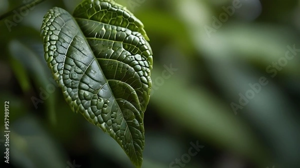 Fototapeta Garden closeup with a green leaf and blurred green background Copy space image for a natural green wallpaper concept