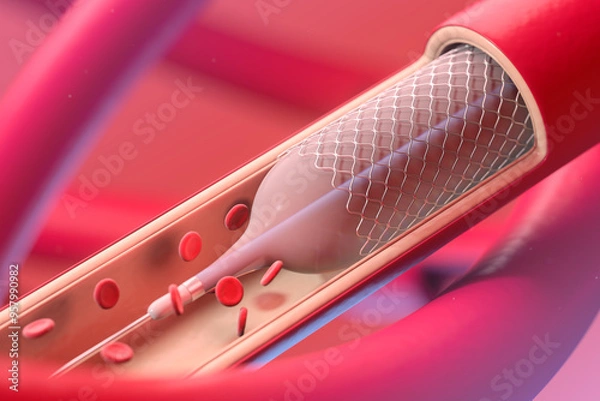 Fototapeta Balloon angioplasty procedure with stent in blood vessels. 3d rendering