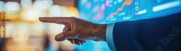 Fototapeta Business Professional Pointing at Digital Financial Data on a Large Interactive Screen in Modern Office