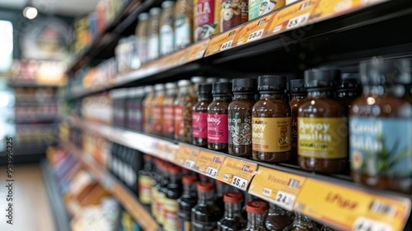 Fototapeta A vibrant display of health supplements on shelves at a local store in the afternoon, showcasing various bottles and products