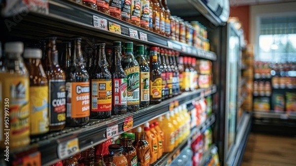 Fototapeta Beverage aisle filled with a variety of bottled drinks in a grocery store during daytime