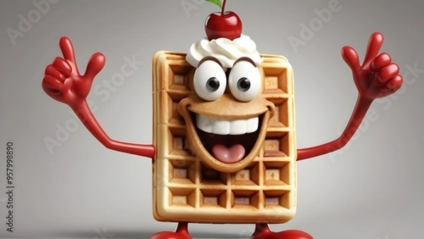 Obraz  a waffle character with a big goofy smile and arms spread wide in excitement.