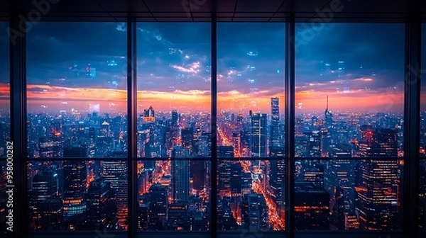 Obraz A stunning city skyline illuminated at dusk, showcasing vibrant lights and a colorful sunset over a bustling metropolis