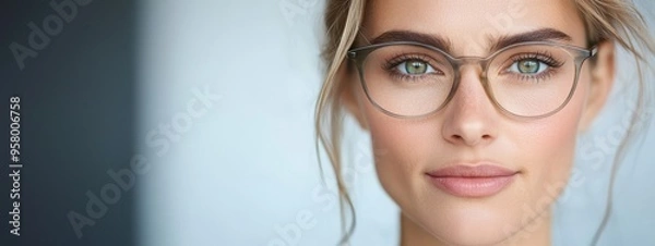 Fototapeta  A tight shot of a woman's face wearing glasses atop her eyeglasses