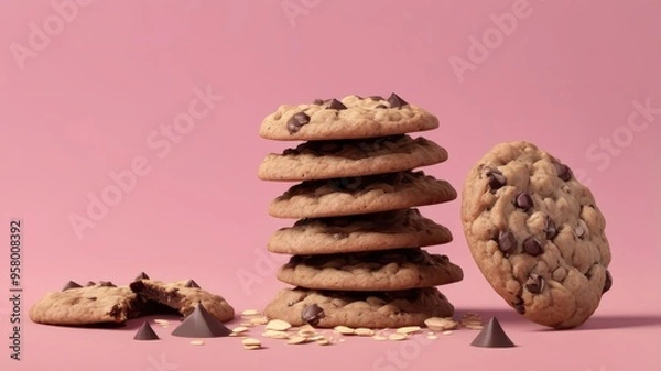 Obraz Stack of oatmeal chocolate cookies on a pink backdrop