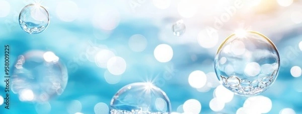 Fototapeta  A collection of bubbles atop blue water teeming with numerous smaller bubbles