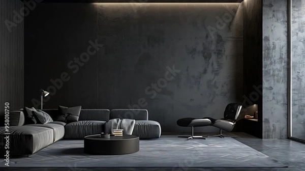 Fototapeta A sophisticated dark home interior featuring a minimalist wall mock-up, rendered in high-definition 3D with lifelike details