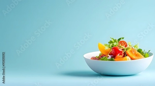 Fototapeta Minimalist food photography featuring a neatly arranged dish with a single color background and a lot of empty space, focusing on the simplicity of the presentation
