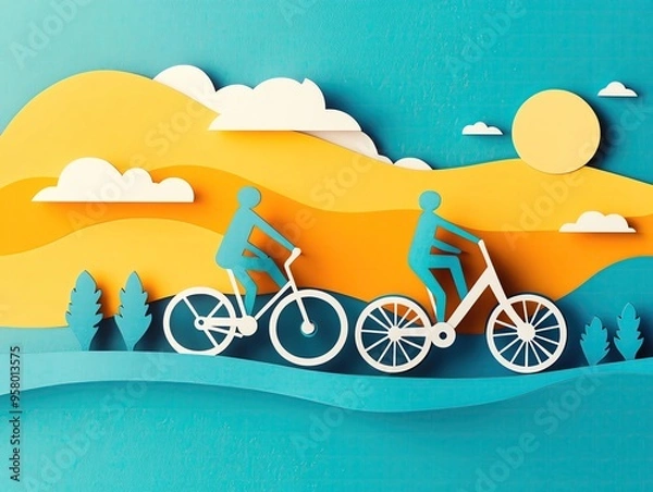 Fototapeta A colorful paper-cut design showcasing two cyclists riding through a vibrant landscape with mountains, trees, and a sunny sky.