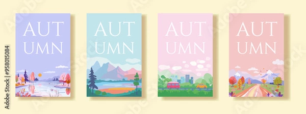 Fototapeta A collection of four vector posters, each featuring a different autumn-themed landscape. The posters display scenes of nature with trees, mountains, and roads, using a flat design style and soft color
