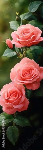 Fototapeta Beautiful pink roses surrounded by lush green leaves, perfect for adding a touch of nature's elegance to any design.