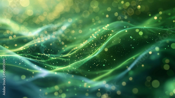 Obraz Abstract green and gold waves with glowing particles and bokeh effect