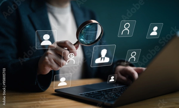 Fototapeta Human resource management (HR) concept, HRM, Recruitment, leadership and team building. Search and select candidates for jobs. Process of recruiting people to work for the organization.