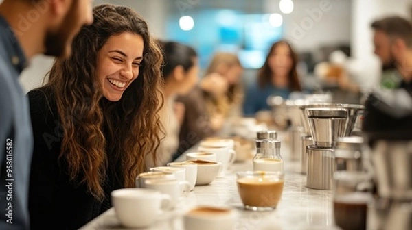 Fototapeta A coffee tasting event featuring different coffee alternative milks, with participants comparing flavors and textures -