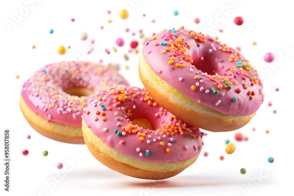 Fototapeta Flying donuts with pink icing and colorful sprinkles isolated 