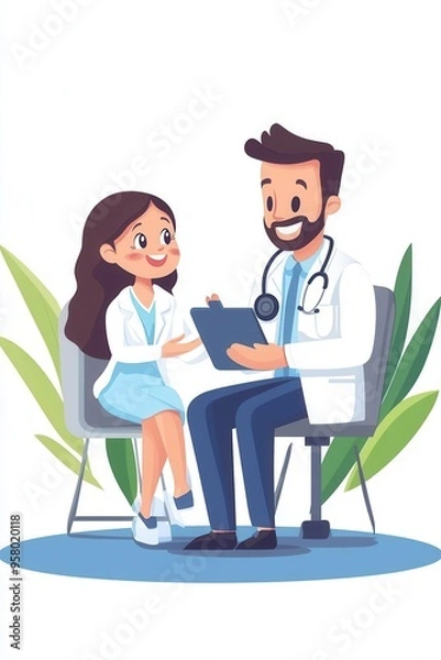 Fototapeta A cheerful doctor interacts with a young patient, conveying warmth and care in a bright medical setting.
