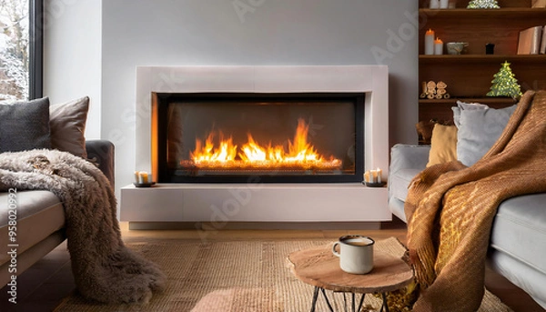 Obraz A stylish electric fireplace with a glowing flame effect, set in a modern living room decorated for winter. 