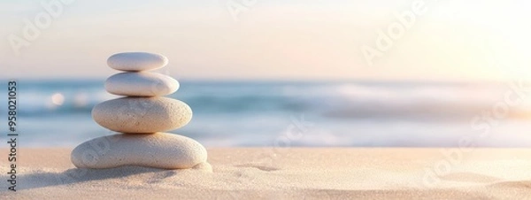 Fototapeta  A stack of rocks atop a sandy beach, facing the ocean and a body of water
