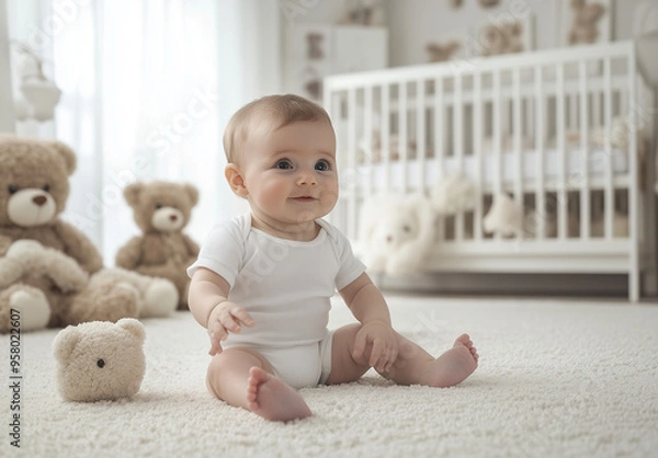 Obraz A cute boy in a gray and white striped shirt is sitting on the rug in front of his crib, surrounded by two big teddy bears with big eyes