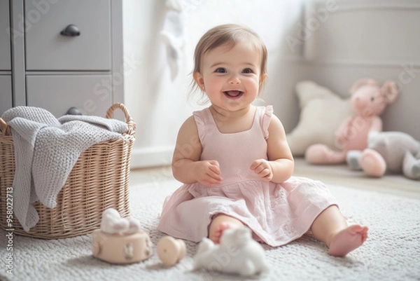 Obraz Happy little girl in a pink dress is sitting on the floor, playing with toys and smiling looking at the camera