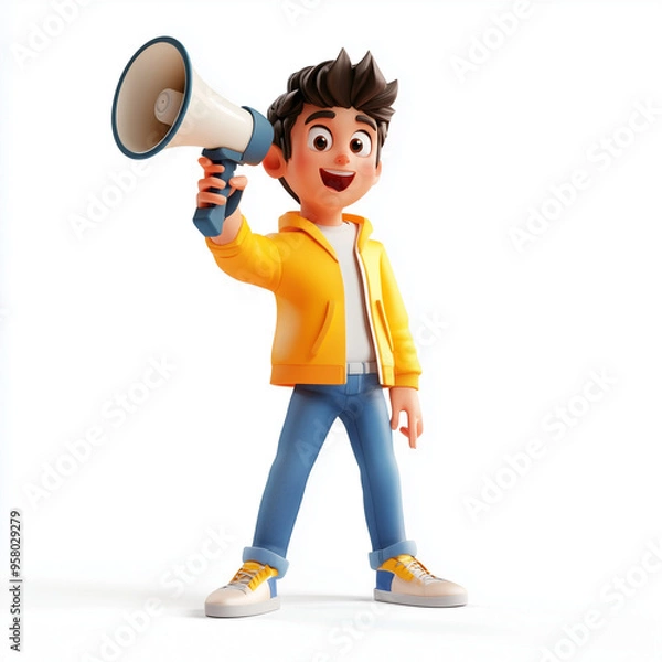 Fototapeta 3D character of a man holding a megaphone pointing upward on a white background, icon for marketing and public use
