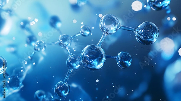 Fototapeta A detailed macro shot captures the intricate structure of molecules and atoms, showcasing their beauty and complexity in a serene blue environment