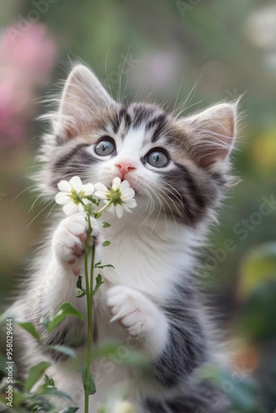 Fototapeta A playful kitten holding a flower stem in its mouth.