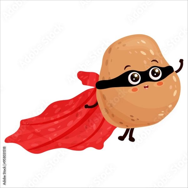 Obraz Super hero potato vegetable cartoon mascot vector illustration flying and smiling isolated on white background.